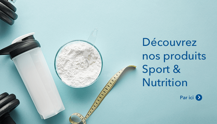 Bannière avec protéine en poudre, shaker et haltères pour la nutrition sportive.