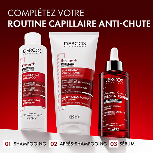 COMPLÉTEZ VOTRE ROUTINE CAPILLAIRE ANTI-CHUTE: 1) SHAMPOOING 2)APRÈS-SHAMPOOING 3) SÉRUM